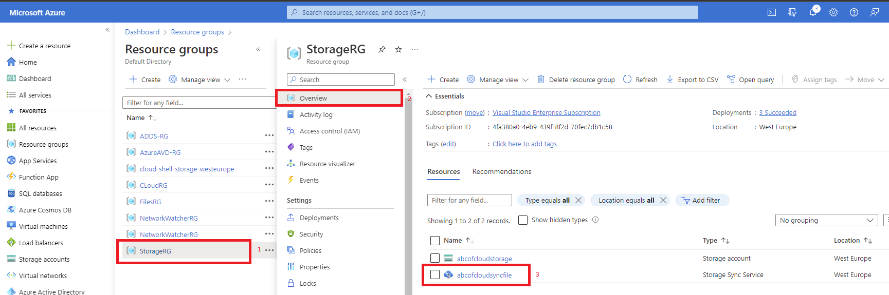 Screenshot: Go to the Resource Group and select the Storage Sync Service we just created