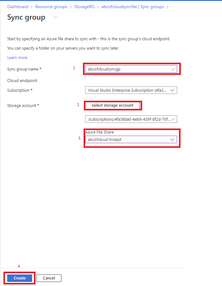 Screenshot: Select the Azure File share that was created