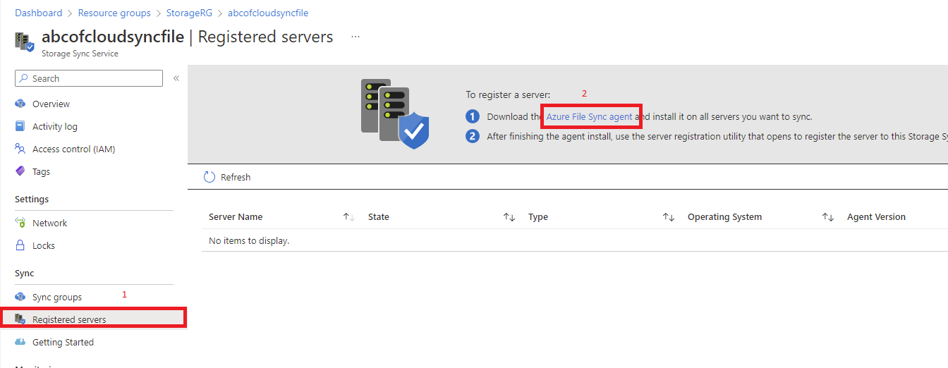 Screenshot: Click on the Azure File Sync agent to download it and install it on all the servers you want to sync