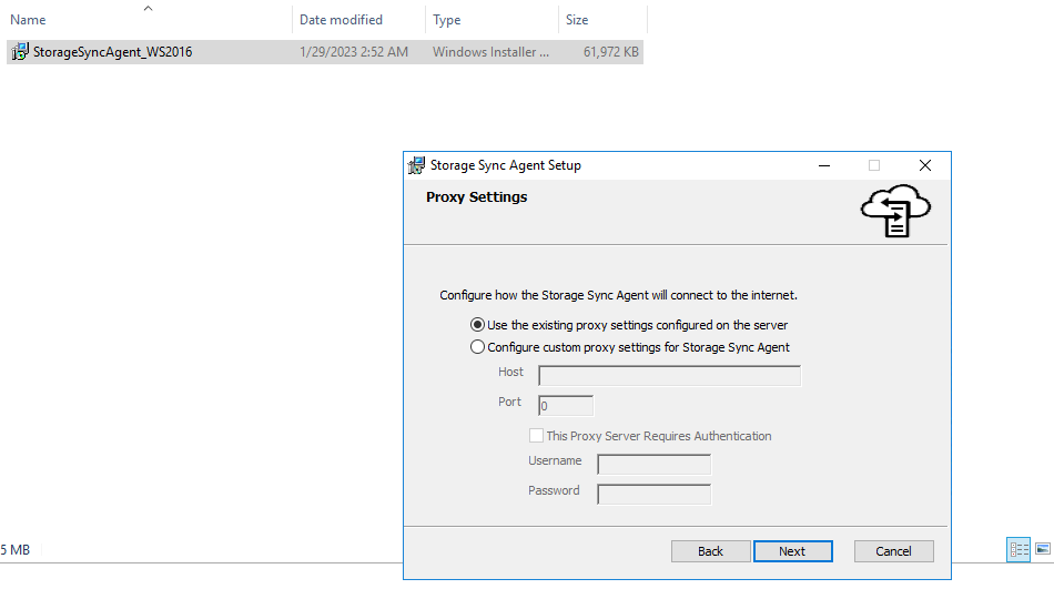 Screenshot: Accept the defaults when installing the Storage Sync Agent Setup Wizard and select Finish