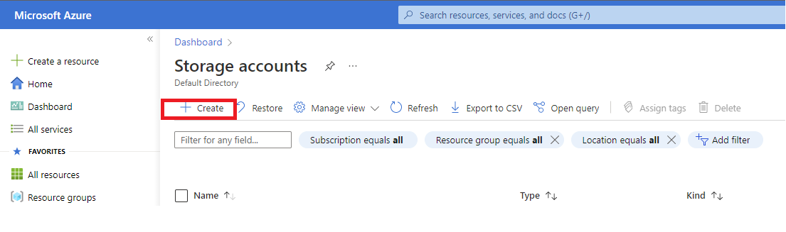 Screenshot: On the Storage Accounts page, click on create