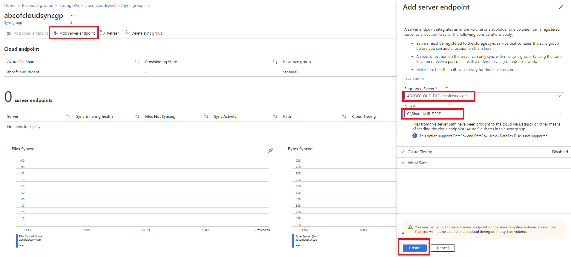 Screenshot: The Cloud Tiering and Initial sync can be configured based on your requirement. I left the Cloud Tiering