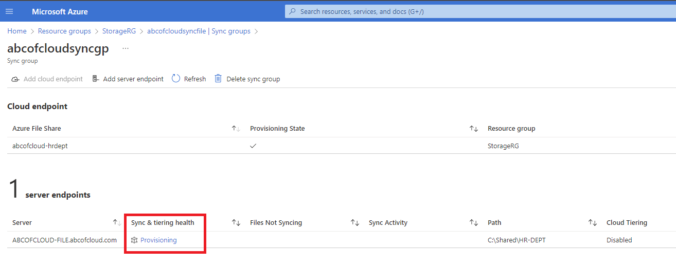 Screenshot: The Cloud Tiering and Initial sync can be configured based on your requirement. I left the Cloud Tiering (screenshot 2)