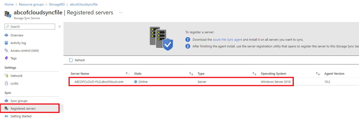 Screenshot: By the side menu under Sync click on Registered servers to confirm the server state is online