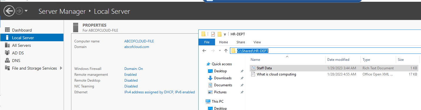Windows Server showing a file synchronized from the Azure file share