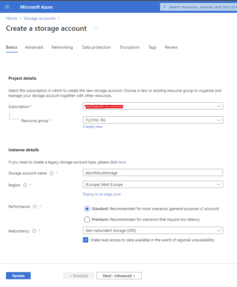 Screenshot: Choose how you want the Storage account to be replicated