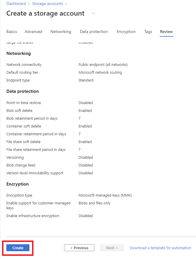 Screenshot: Select Review + Create to have a review of all the options you selected then Click on Create