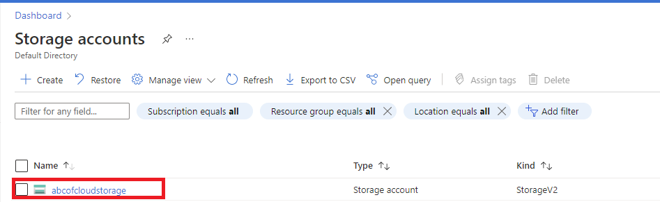 Screenshot: Click on the storage account (abcofcloudstorage) that was created