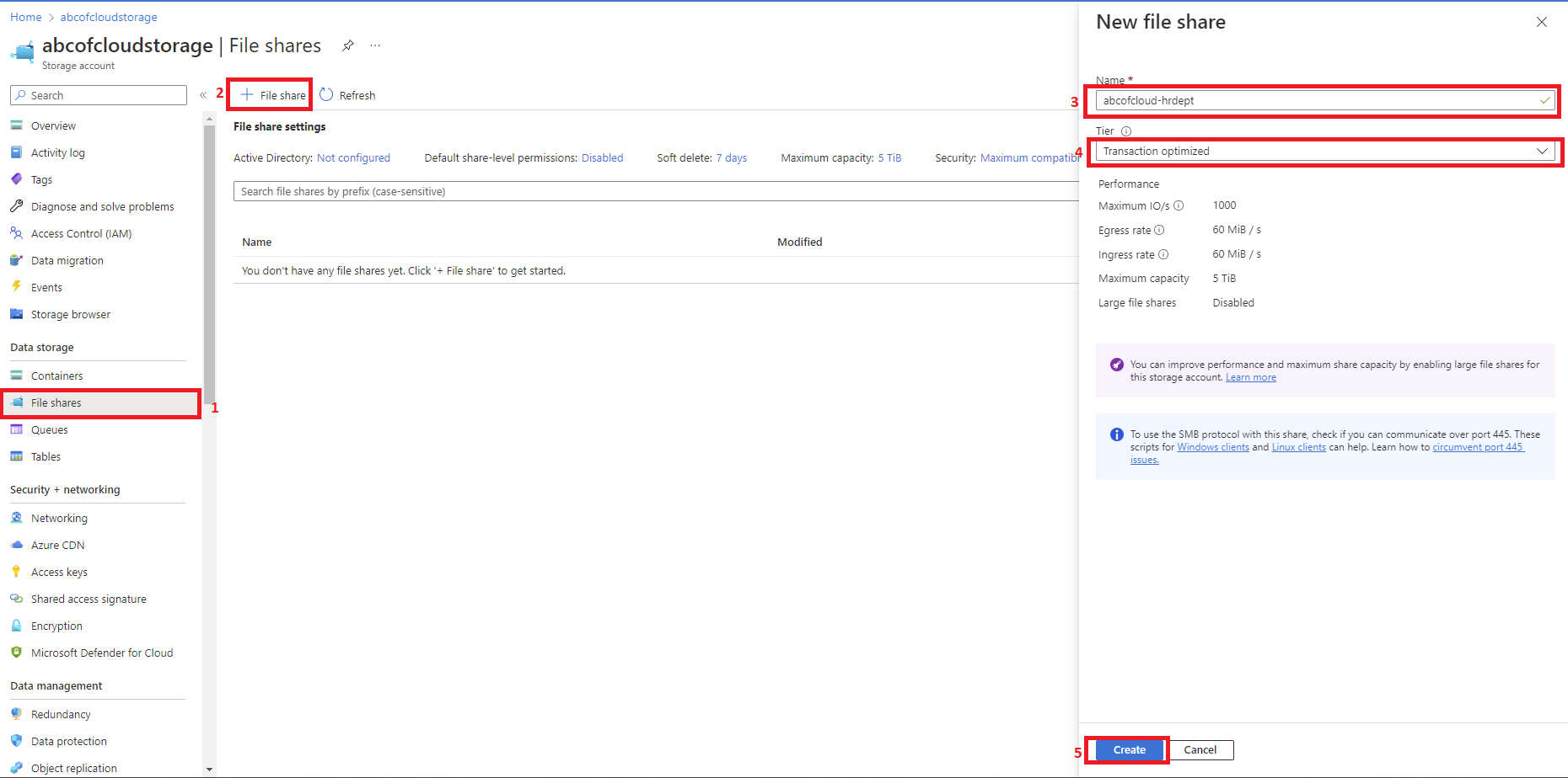 Screenshot: On the right pop-out, Name the New file share, for this tutorial we will be using abcofcloud-hrdept leave the