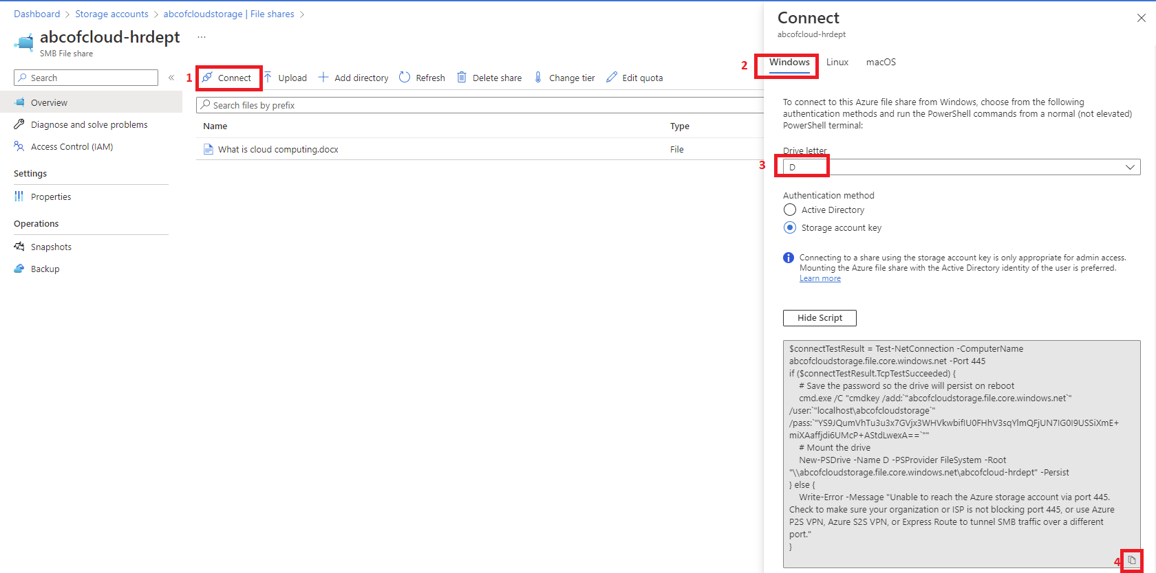 Screenshot: Choose the Storage account key and copy the script that will be displayed to you