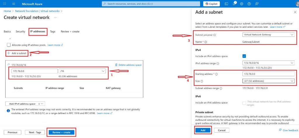 Screenshot: This is the time we add our subnet, click on the plus(+) button beside Add a subnet, and on the pop-out