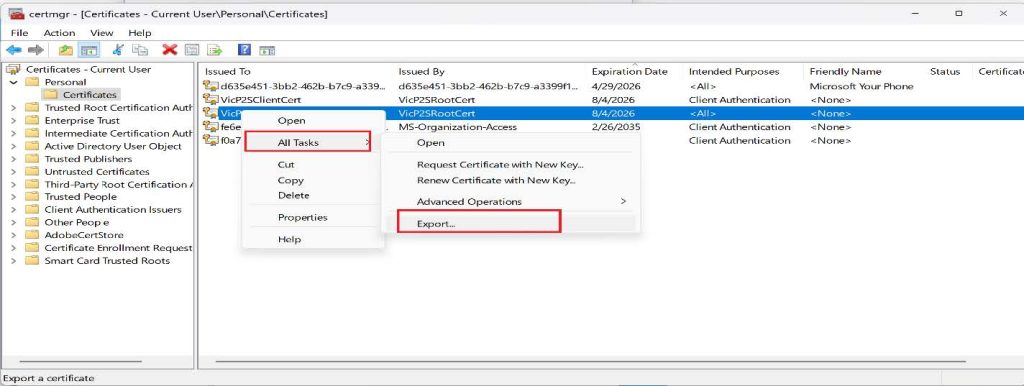 Screenshot: Click on Next on the Certificate Export Wizard, and select No, do not export the private key, then click on (screenshot 2)