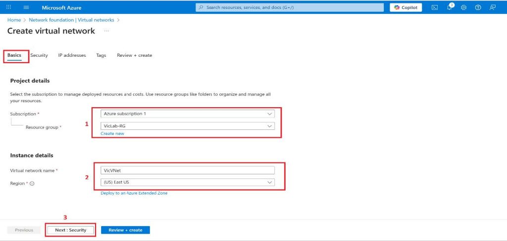 Screenshot: Choose a preferred location for the Virtual Network by clicking on the drop-down and selecting the region you