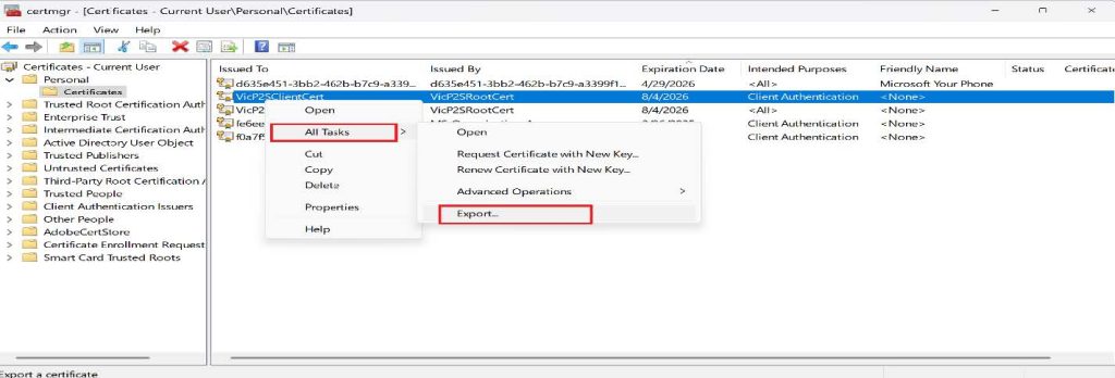 Screenshot: Select Yes, export the private key, and then click Next