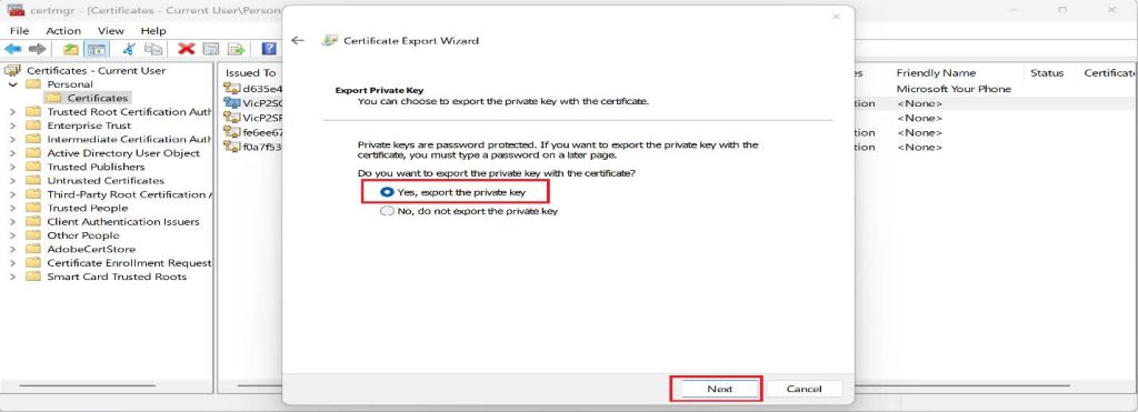 Screenshot: Select Yes, export the private key, and then click Next (screenshot 2)