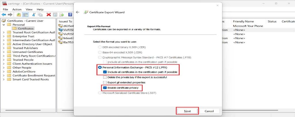 Screenshot: Select Yes, export the private key, and then click Next (screenshot 3)