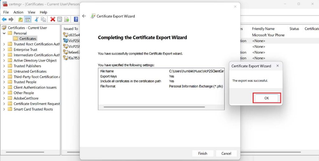 Screenshot: You’ll see a conﬁrmation pop-up saying, “The export was successful.” (screenshot 2)