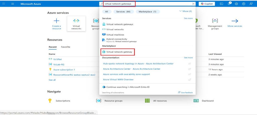 Screenshot: In the Search result, under Marketplace, select Virtual network gateway