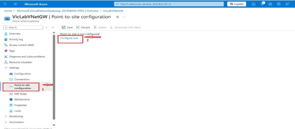 Screenshot: Log in to the Azure portal and open the Virtual network gateway we created earlier (screenshot 3)