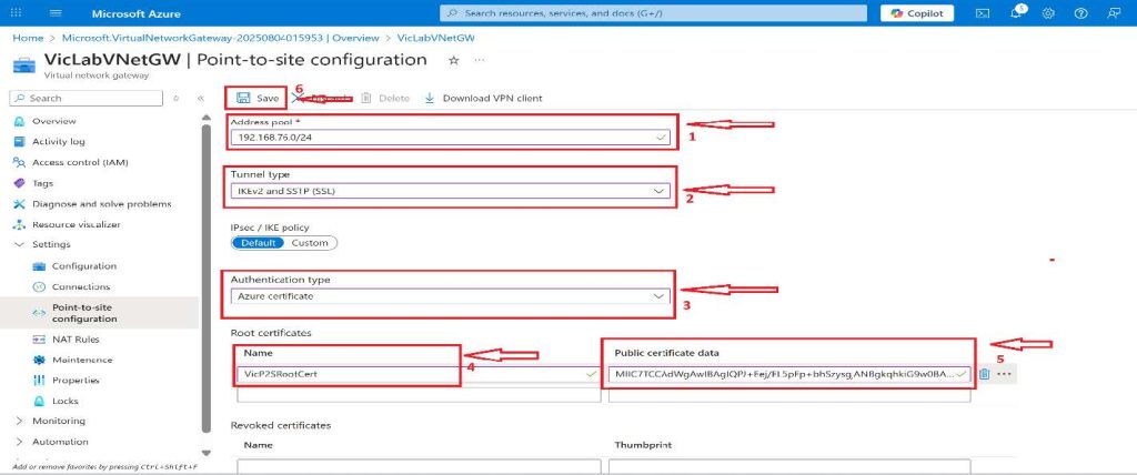 Screenshot: Under the Root certiﬁcates, select a preferred name for this project. I will be using VicP2SRootCert, and in