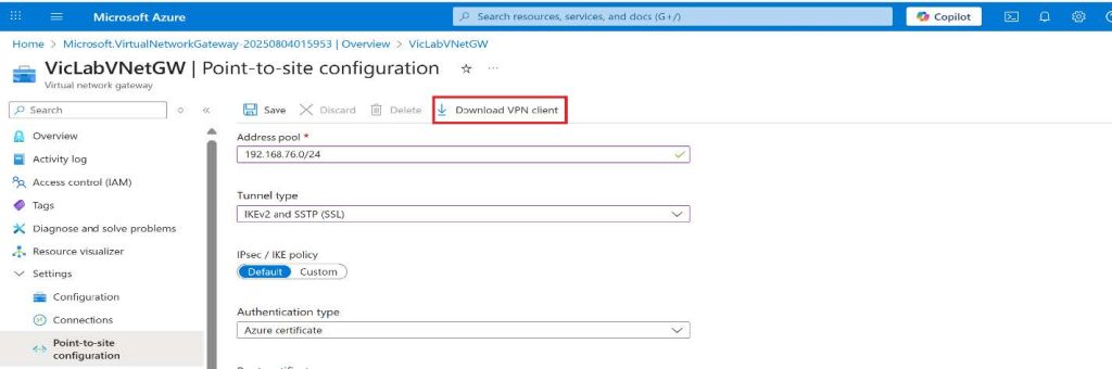 Screenshot: Download the VPN client by clicking on Download VPN client at the top