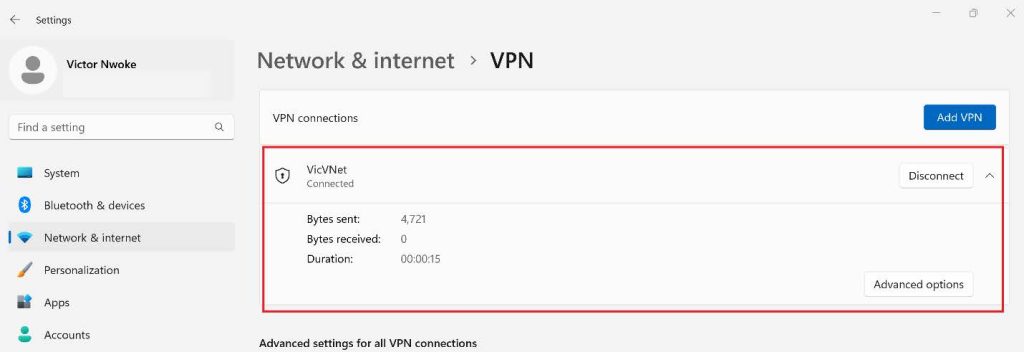 Screenshot: At this point, you have successfully configured your Point-to-Site VPN