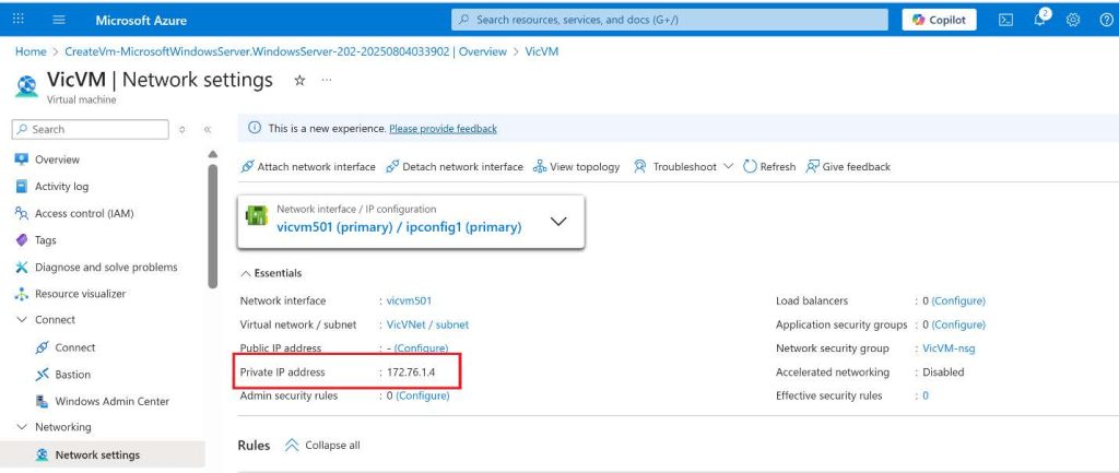Screenshot: I went ahead to use Remote Desktop Connection to connect with the Virtual Machines using the Private IP