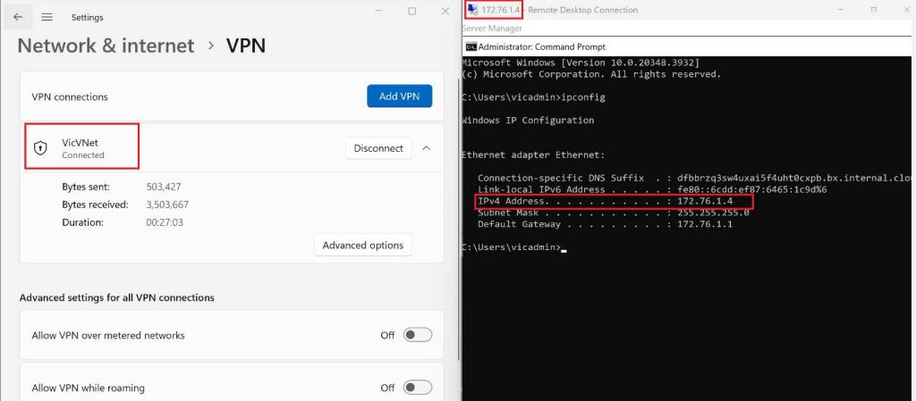 Screenshot: I went ahead to use Remote Desktop Connection to connect with the Virtual Machines using the Private IP (screenshot 2)