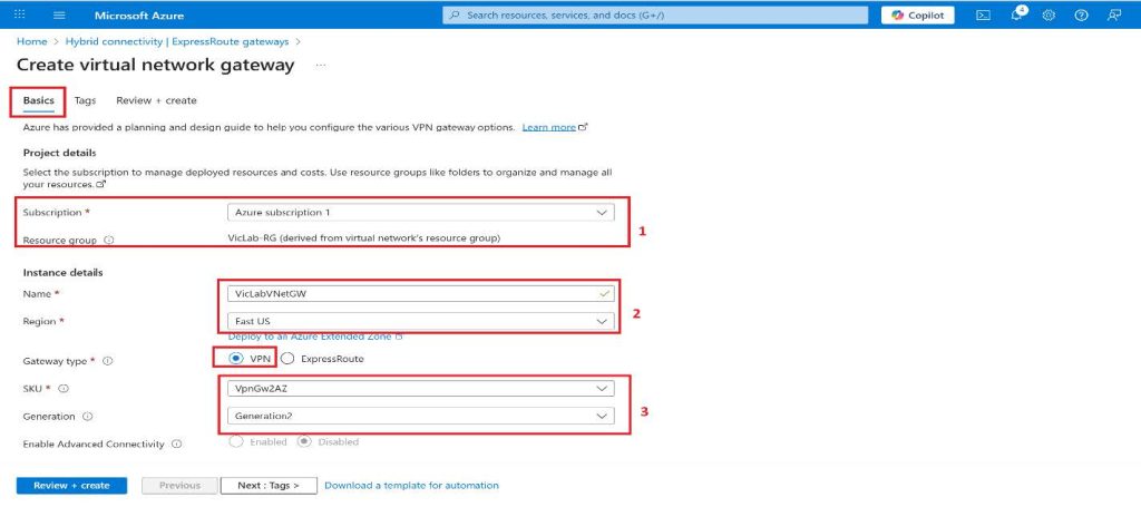 Screenshot: We will change the default Gateway subnet address range to 172.16.1.0/27 or larger, which is (/26,/25,/24
