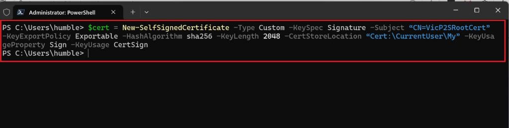 Screenshot: Copy and paste the cmdlet below into PowerShell. This cmdlet will create a self-signed root certificate named