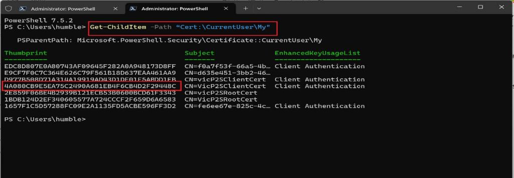 Screenshot: PowerShell output of Get-ChildItem listing installed certificates with the root certificate thumbprint shown