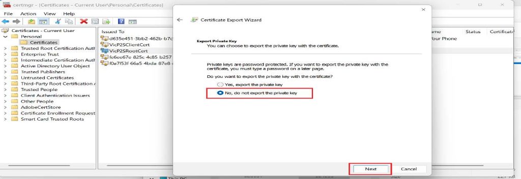 Screenshot: Click on Next on the Certificate Export Wizard, and select No, do not export the private key, then click on (screenshot 3)