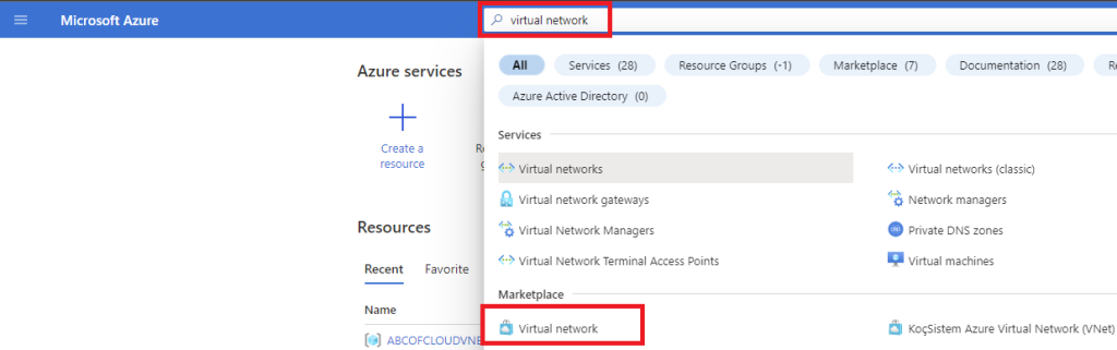 Screenshot: In the search results, select virtual network right under Marketplace