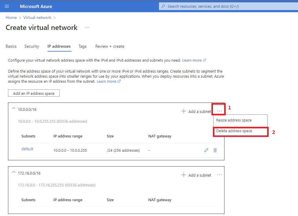 Screenshot: After this has been added, you can now delete the default address space