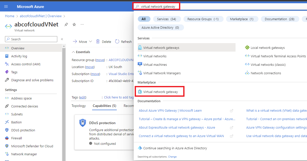 Screenshot: In the Search result, under Marketplace select Virtual network gateway