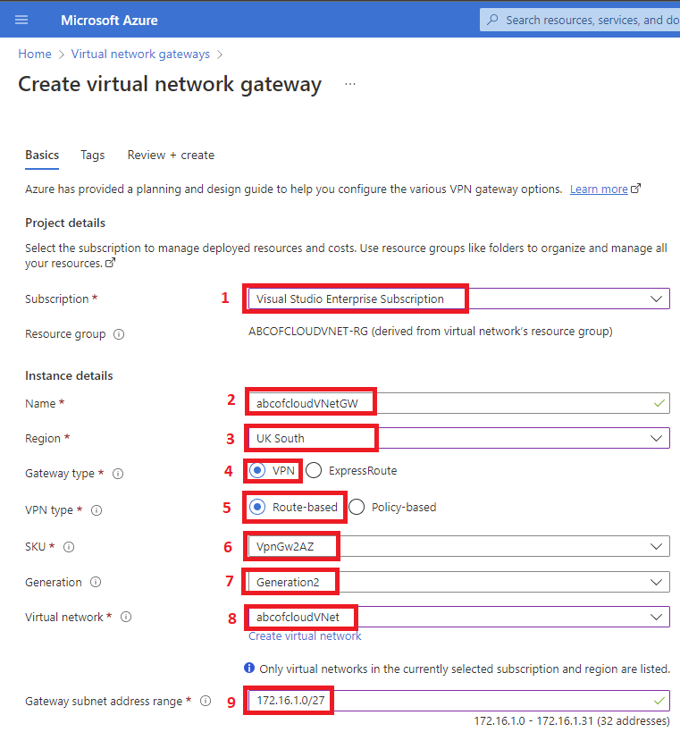 Screenshot: We will change the default Gateway subnet address range to 172.16.1.0/27 or larger which is (/26,/25,/24, etc.).