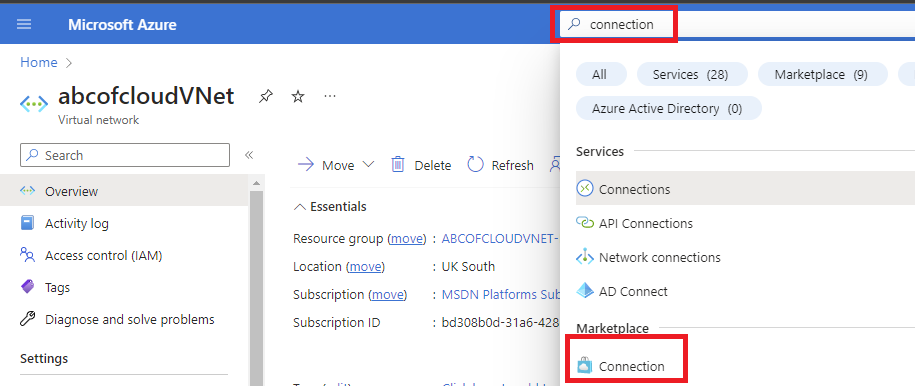 Screenshot: In the search result, under Marketplace select the connection