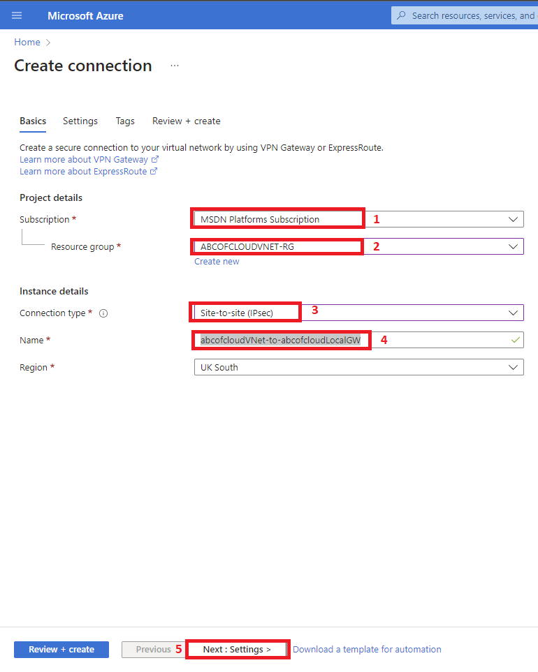 Screenshot: Choose your preferred region from the drop-down, I will be choosing UK South for this tutorial, after that