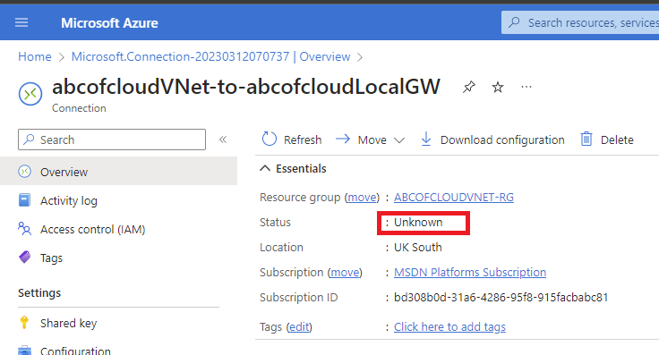 Screenshot: Now if I click on the connection that has been created, and take a look at the overview the status will be