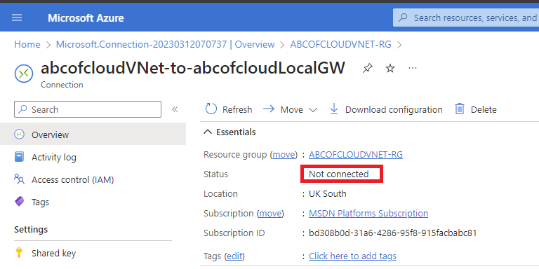 Screenshot: The connection status has now changed from Unknown to Not connected, the next step we will be connecting using