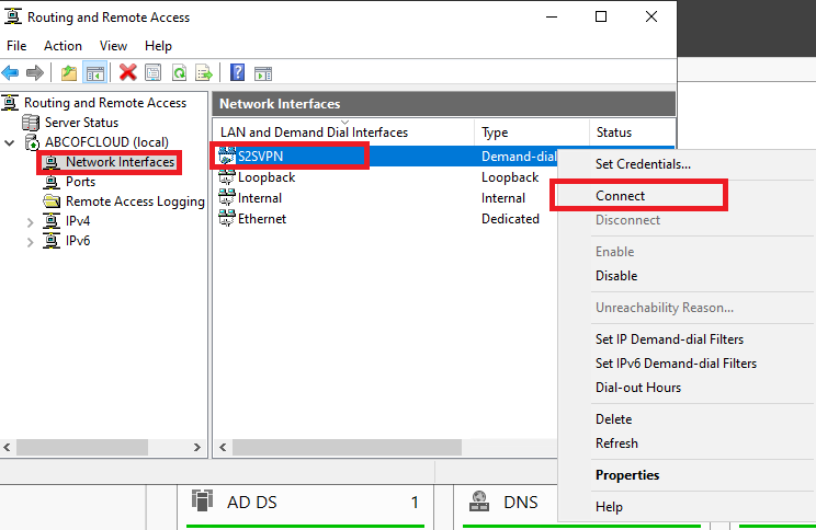 Screenshot: Go to the Routing and Remote Access and then click on the Network Interface, right-click on the Demand-dial