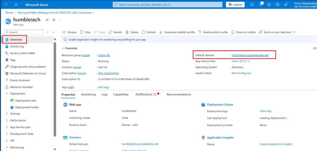 Screenshot: On the blade of the newly deployed Web App, click the Default domain link to display the Default web page in