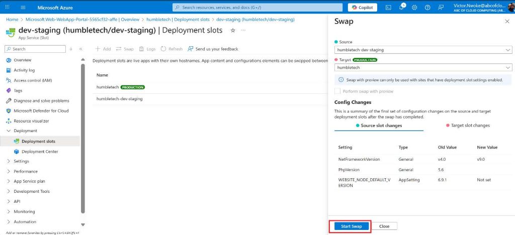 Screenshot: Review the default settings and click Start Swap. Wait for the notiﬁcation that the swap has ﬁnished