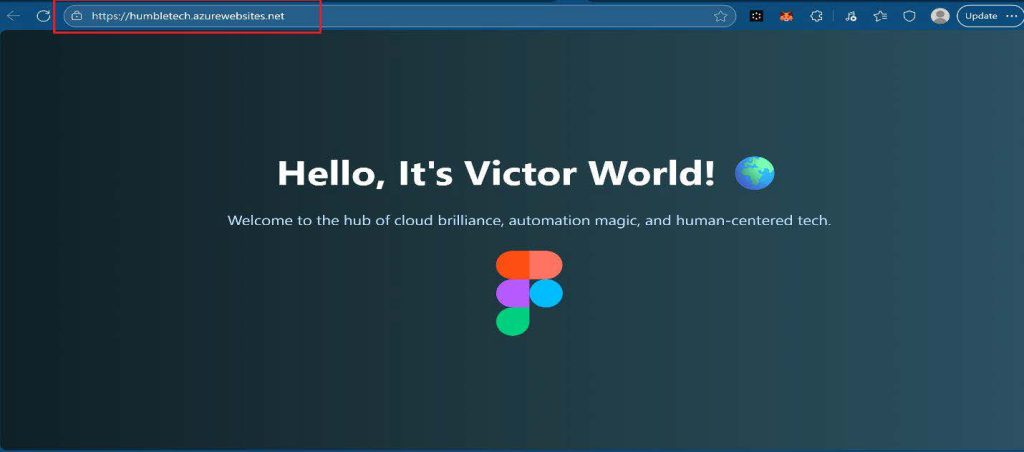 Screenshot: Verify the production web page now displays “Hello, It's Victor World!” which is my customized page