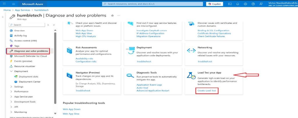 Screenshot: In the Load Test Your App box, select Create Load Test