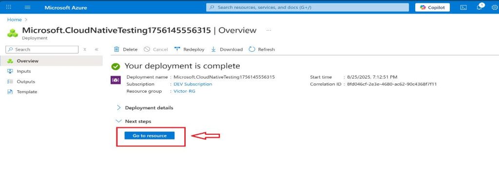 Screenshot: Wait for the load test to create, and then select Go to resource