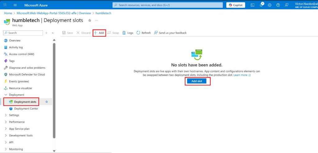Screenshot: Select Add to create the slot