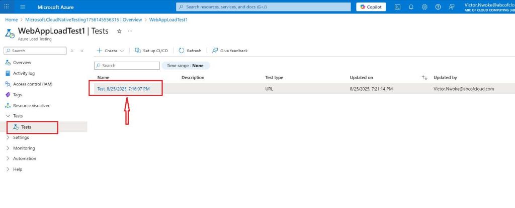 Screenshot: Select Stop to complete the test run. You don’t need to wait for the test to be completed