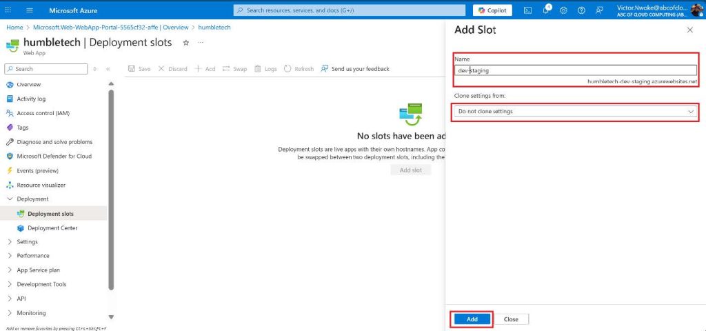 Screenshot: Select Add to create the slot (screenshot 2)
