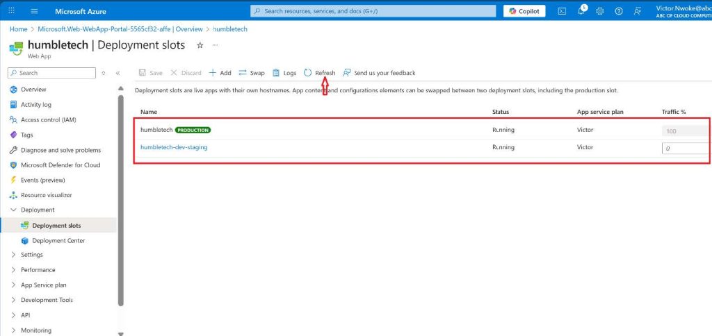 Screenshot: Refresh the page to view the Production and Staging slot